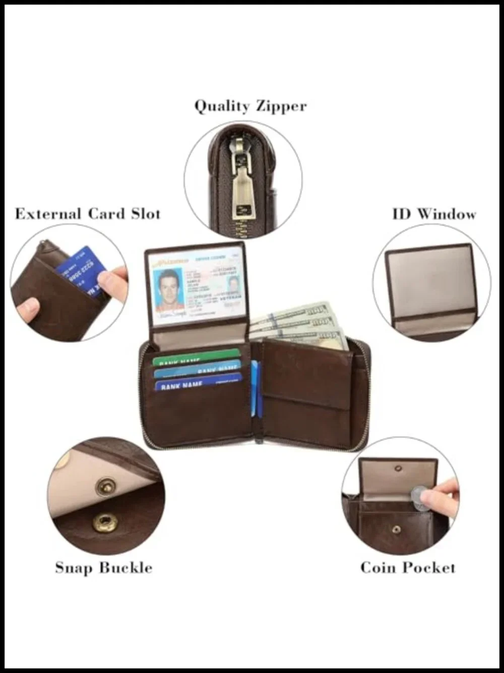 Vegan Leather RFID Blocking Zipper Bifold Wallet with ID Window Large Capacity